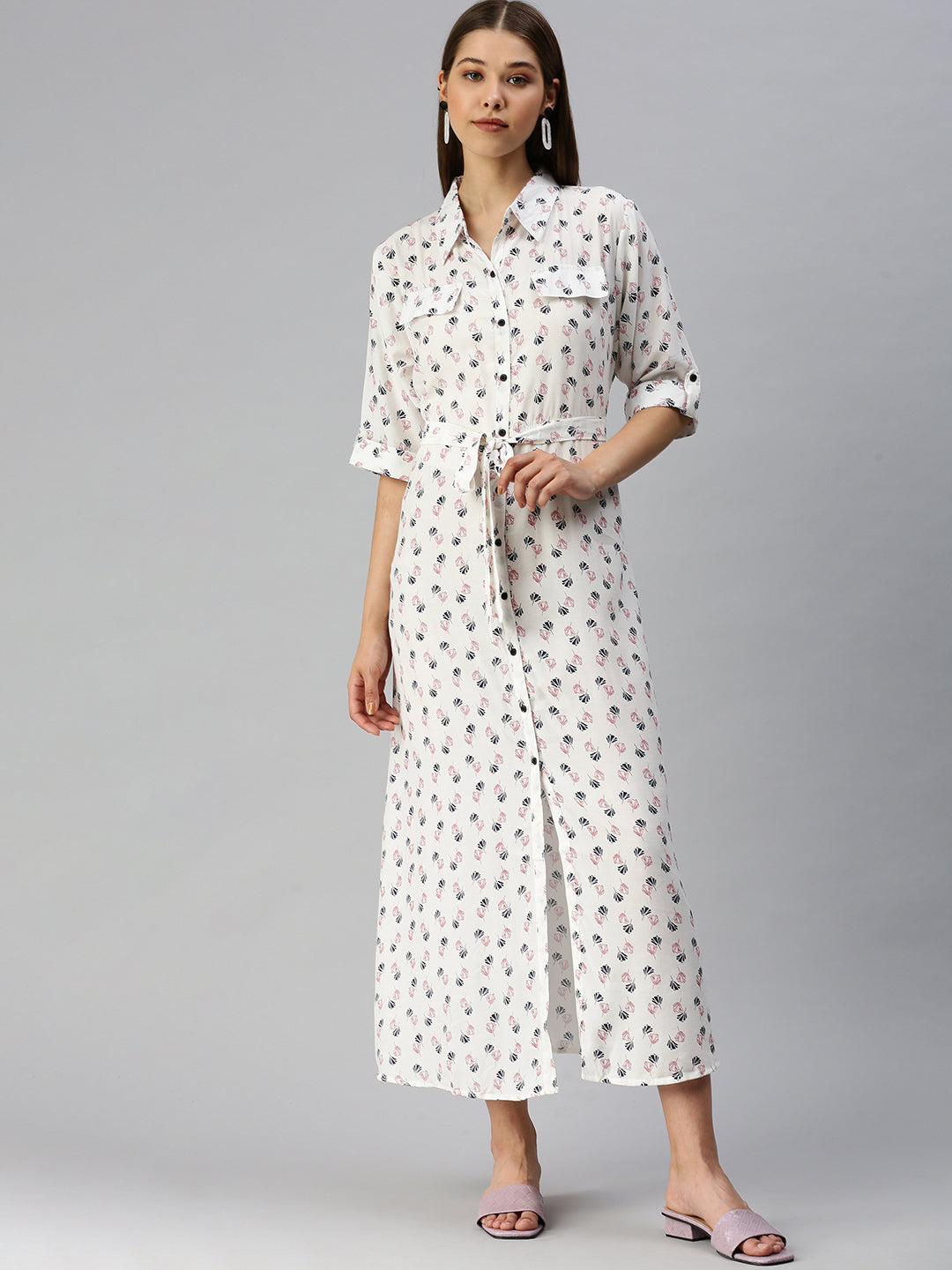 Women's White Printed Shirt Dress