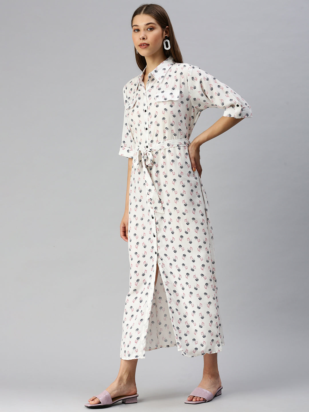 Women's White Printed Shirt Dress