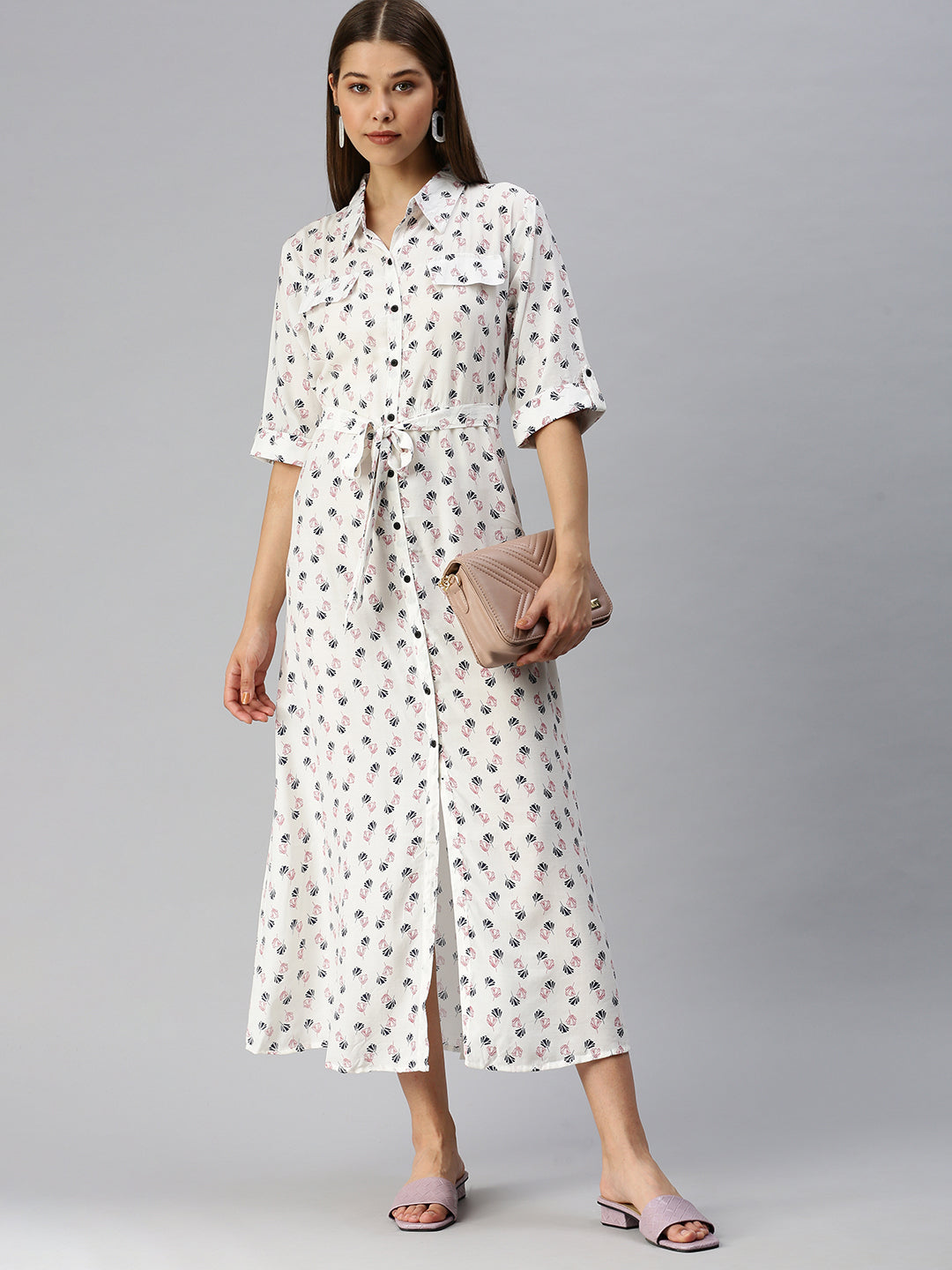 Women's White Printed Shirt Dress