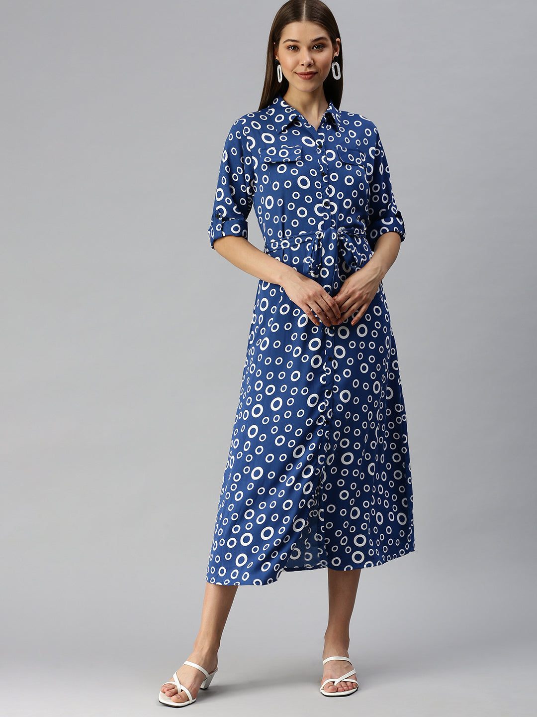 Women's Blue Printed Shirt Dress