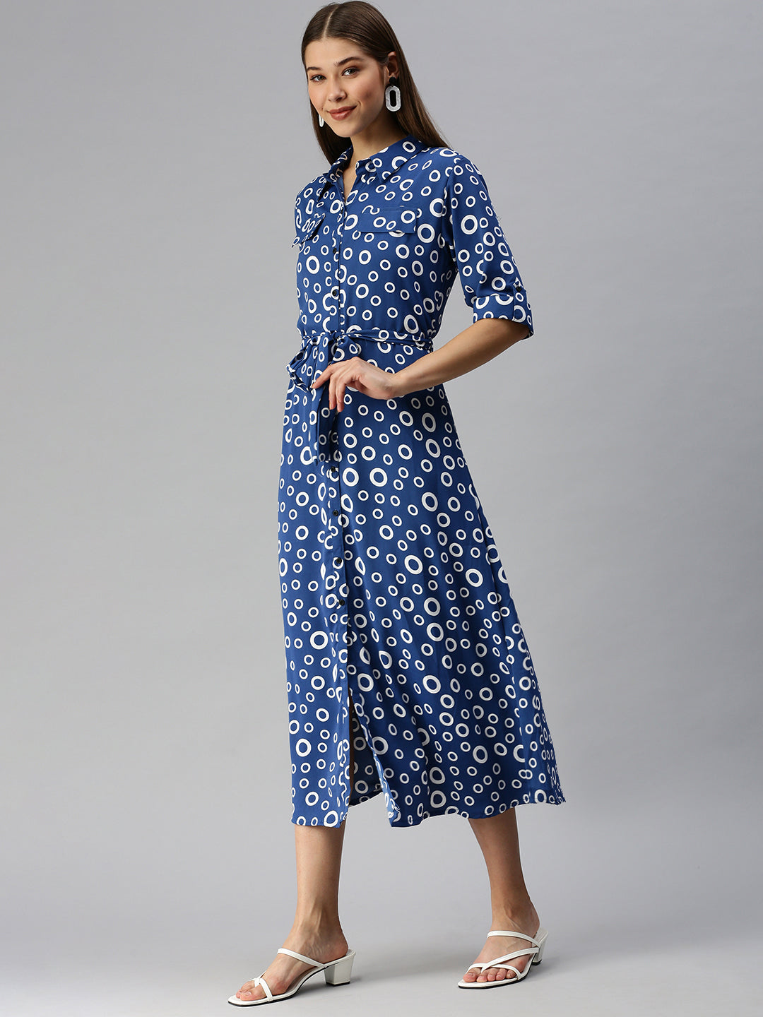 Women's Blue Printed Shirt Dress