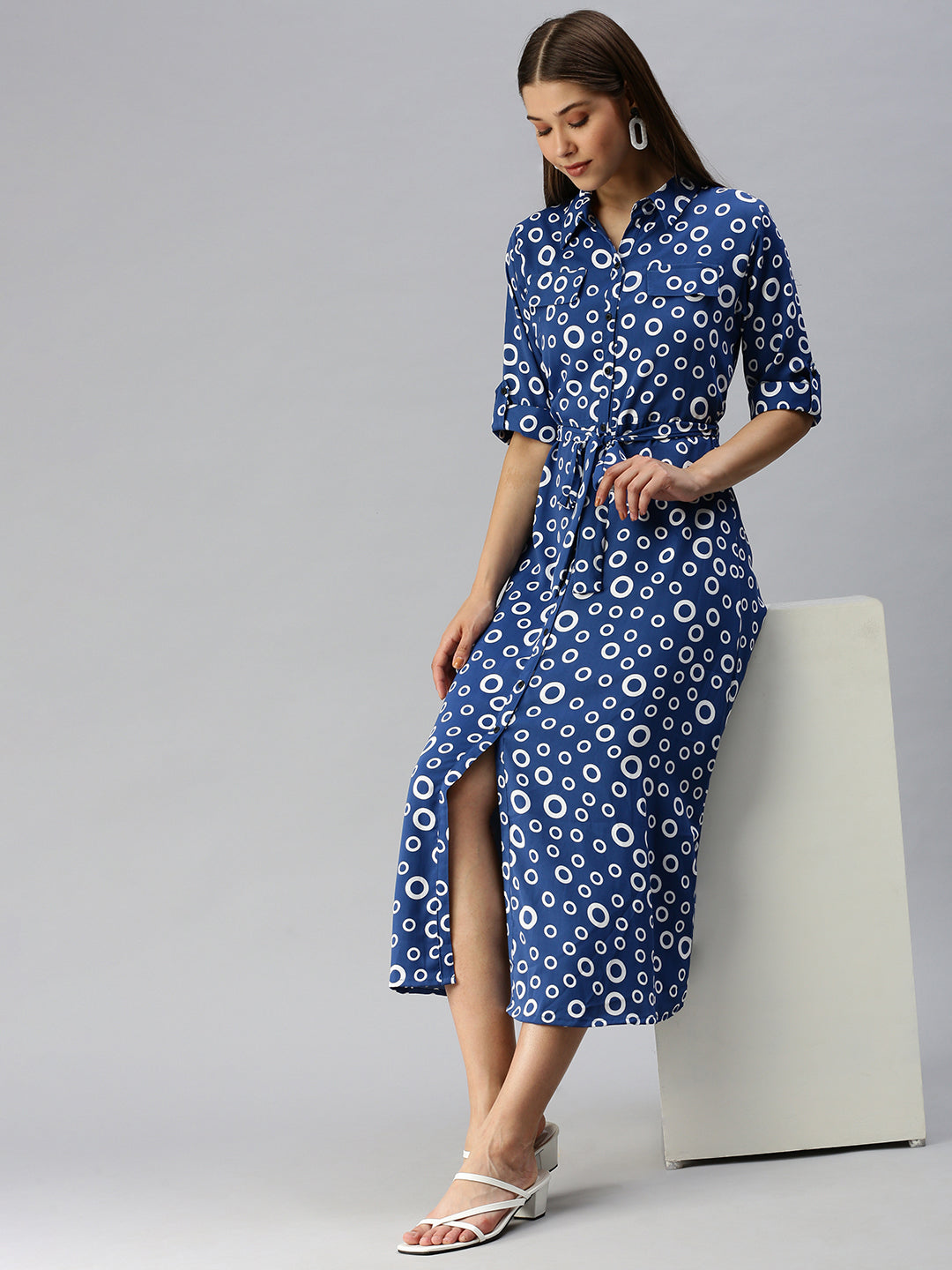 Women's Blue Printed Shirt Dress