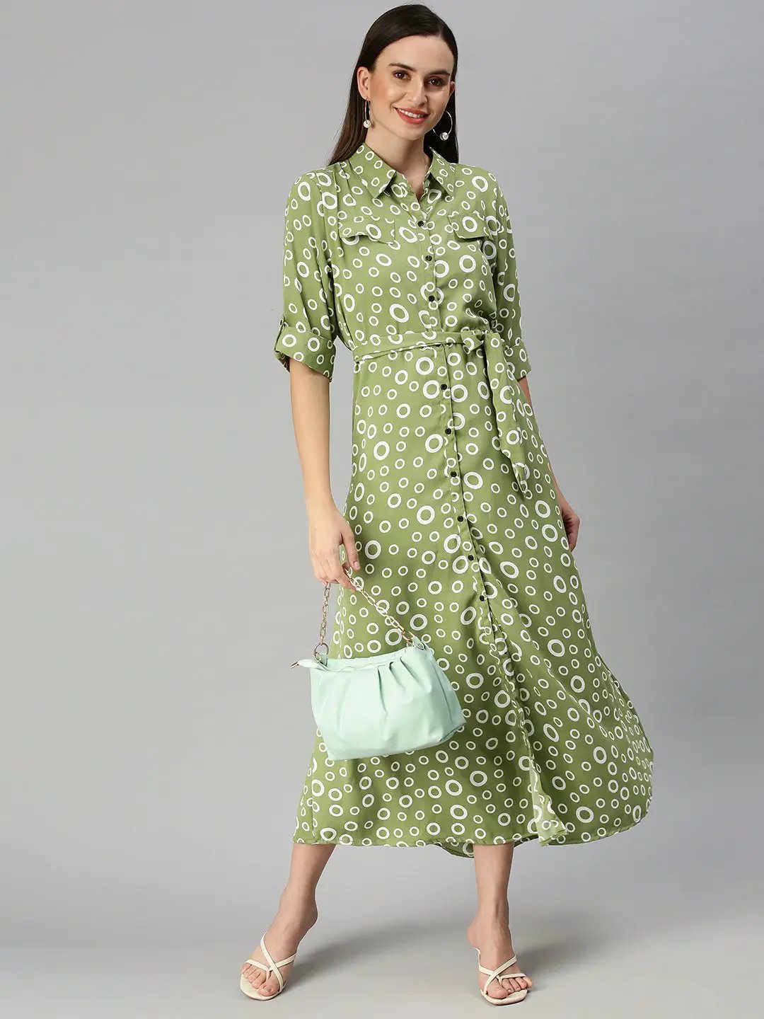 Women's Green Printed Shirt Dress