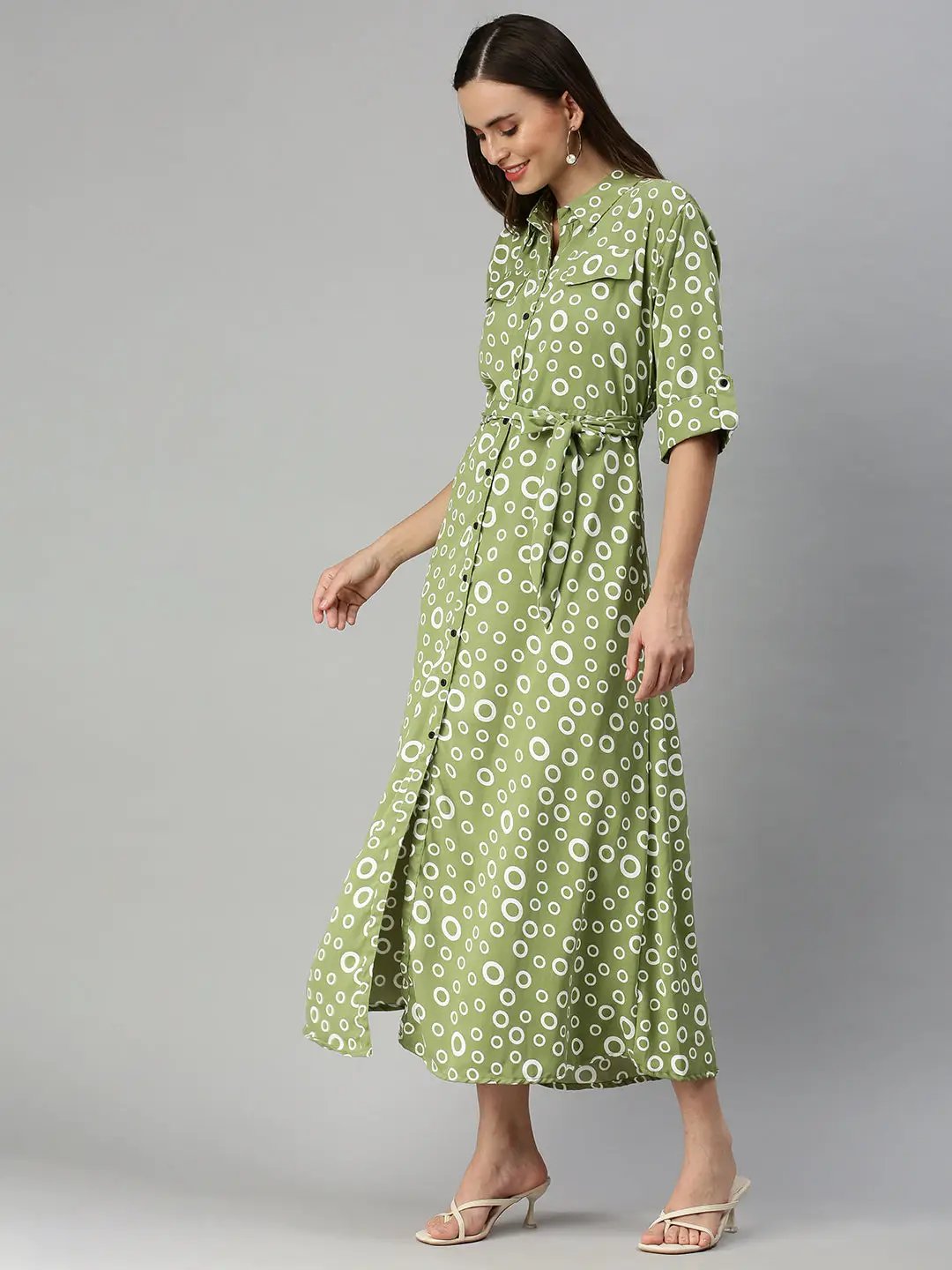 Women's Green Printed Shirt Dress