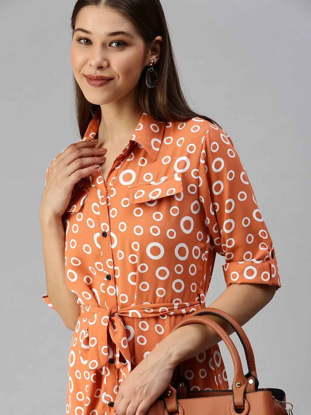 Women's Orange Printed Shirt Dress