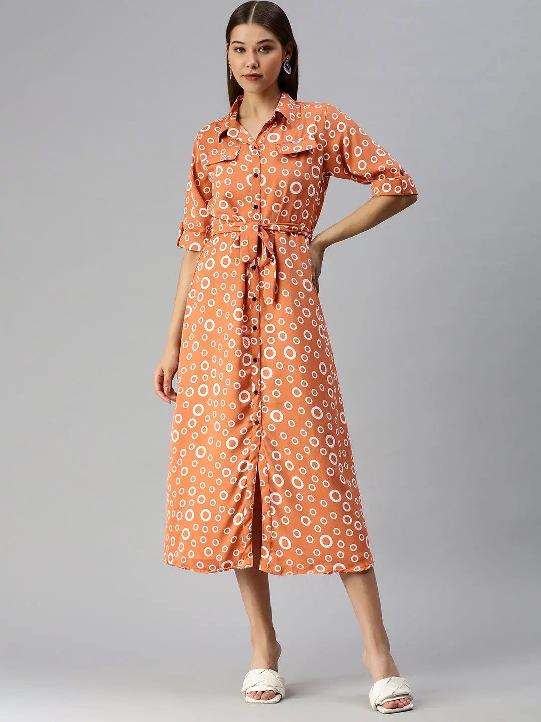 Women's Orange Printed Shirt Dress
