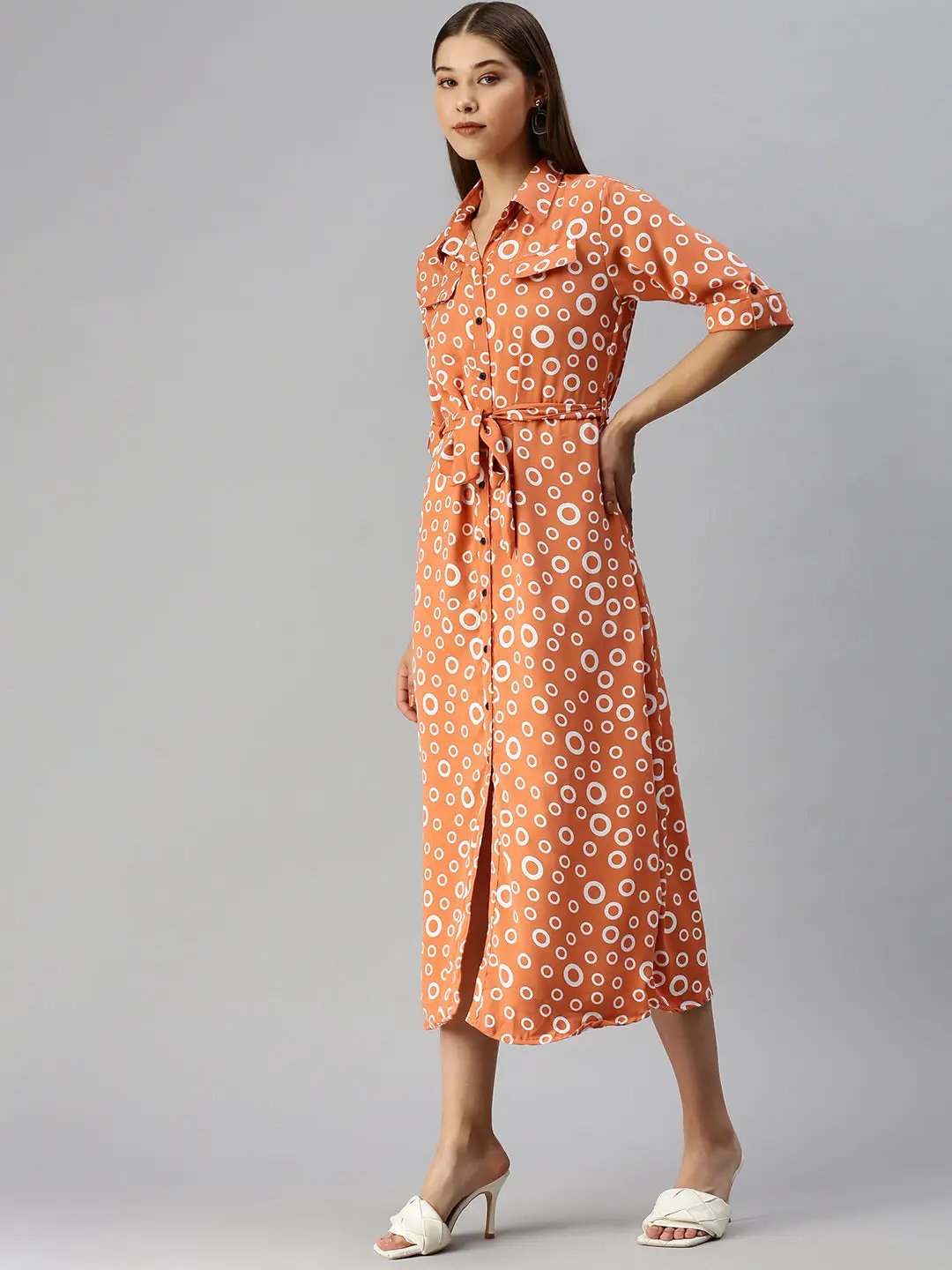Women's Orange Printed Shirt Dress