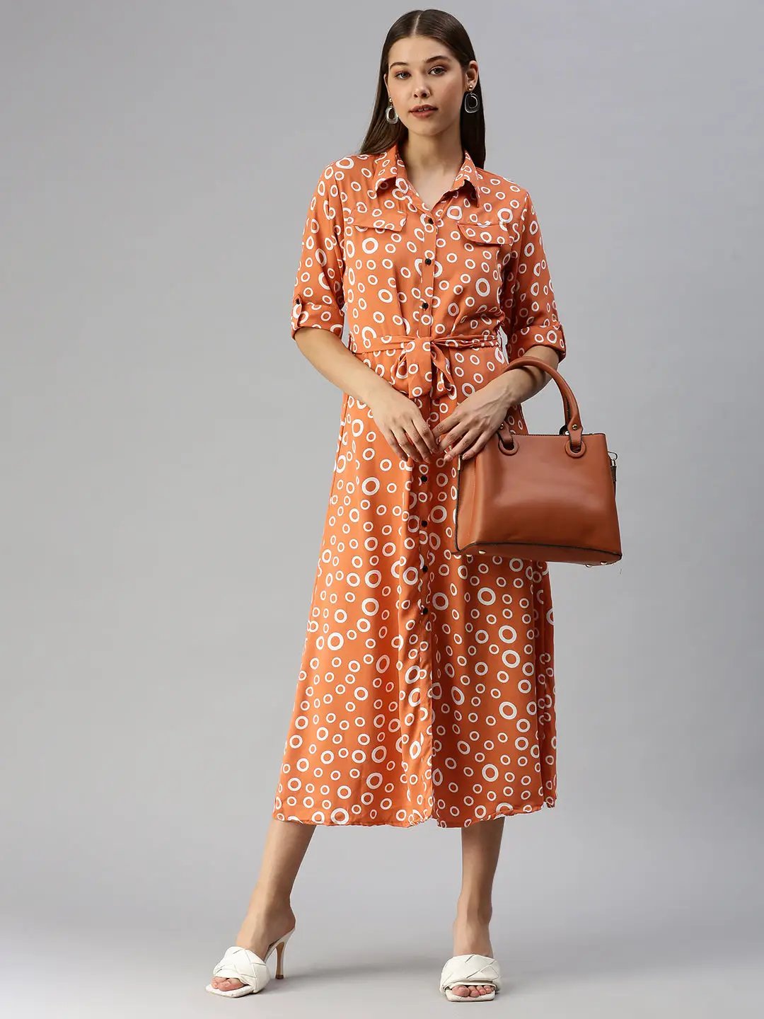 Women's Orange Printed Shirt Dress