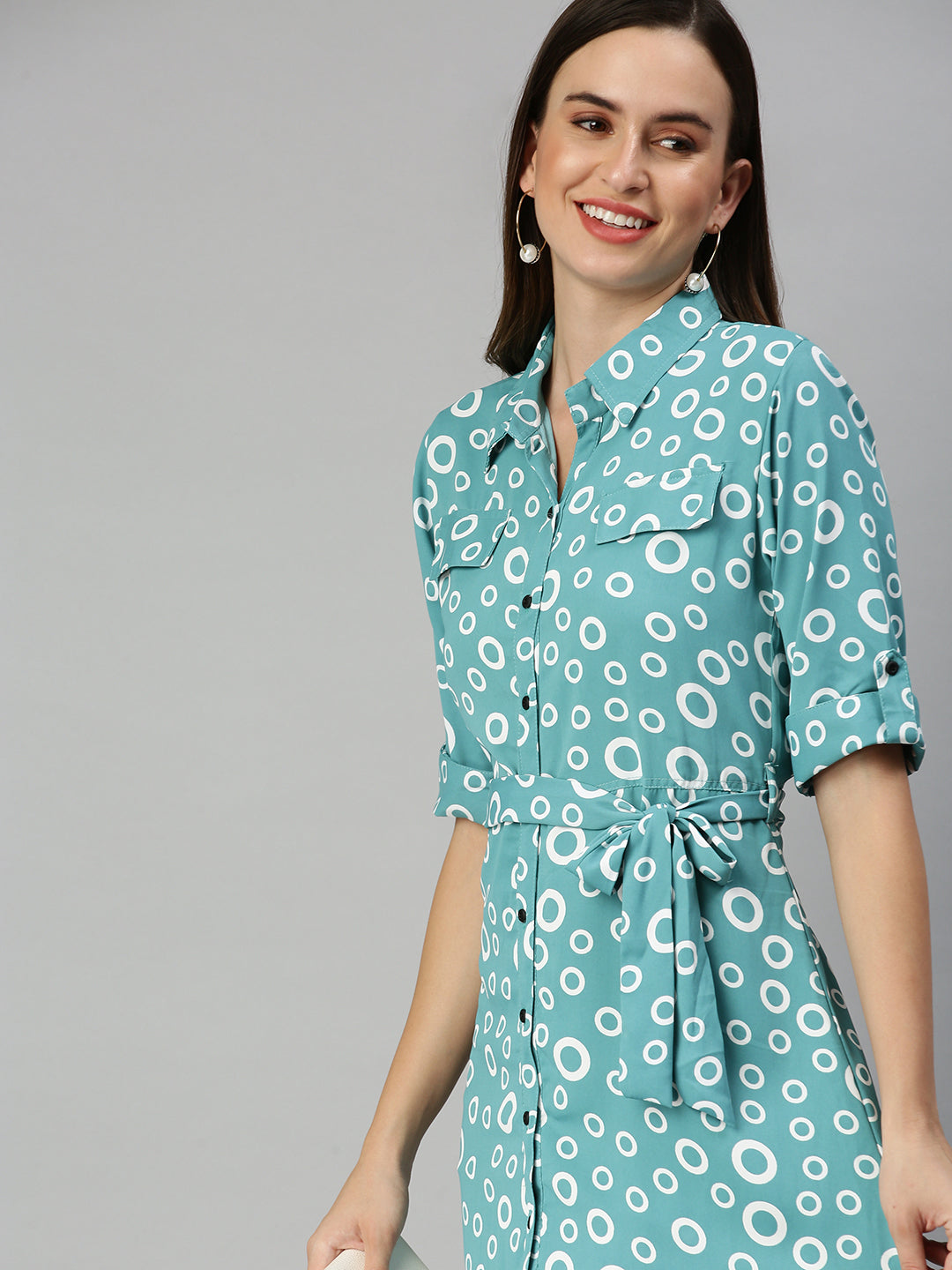 Women's Green Printed Shirt Dress