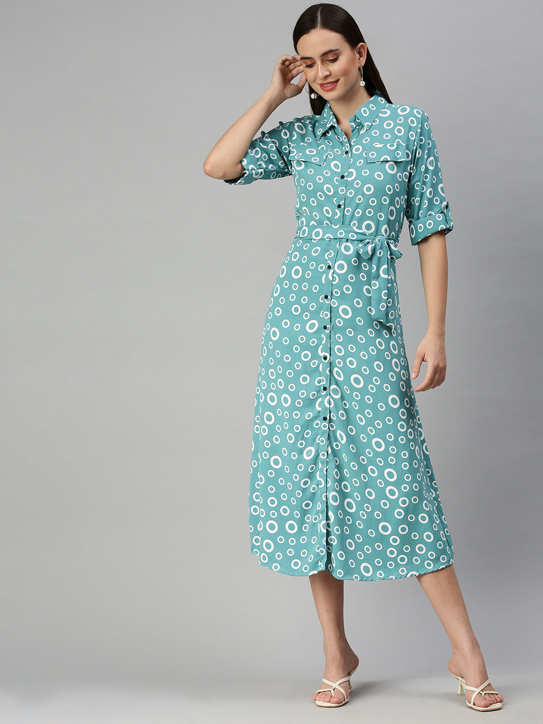 Women's Green Printed Shirt Dress