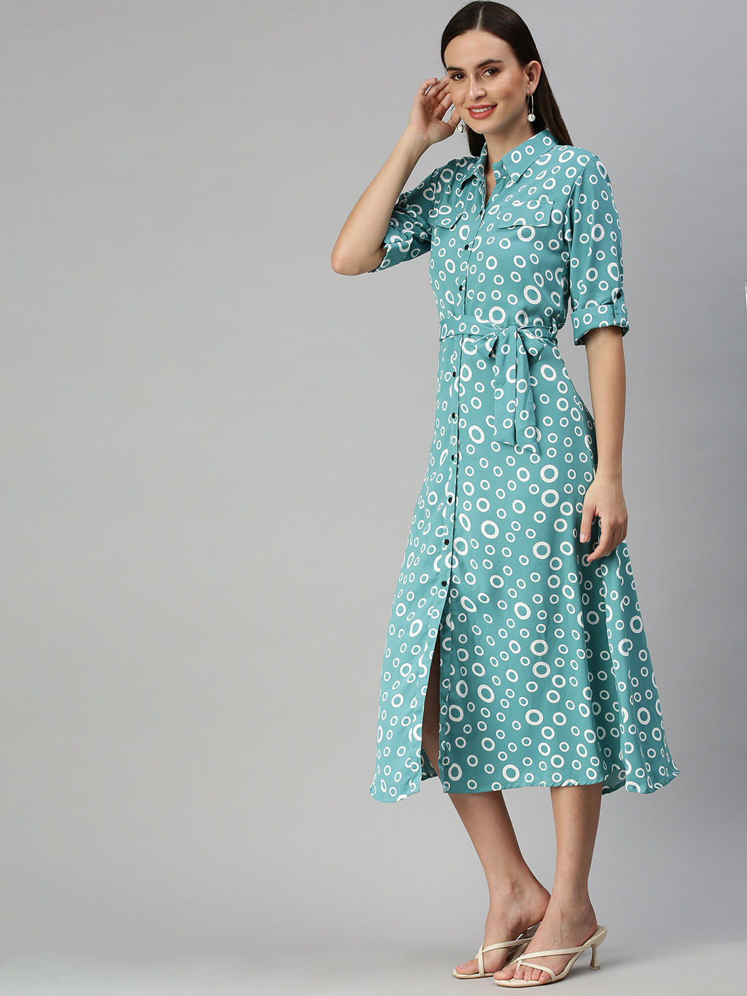 Women's Green Printed Shirt Dress