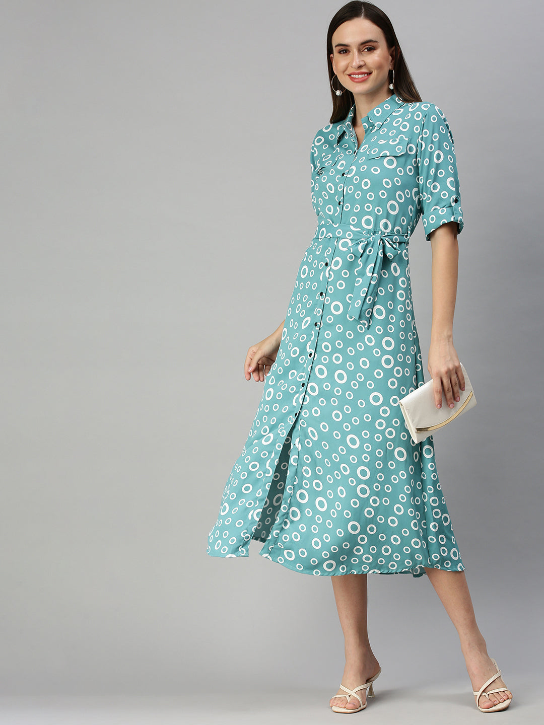 Women's Green Printed Shirt Dress