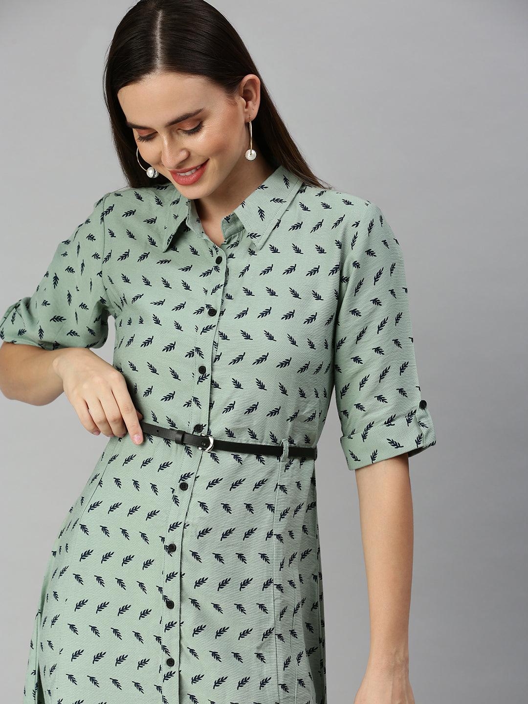 Women's Green Printed Shirt Dress