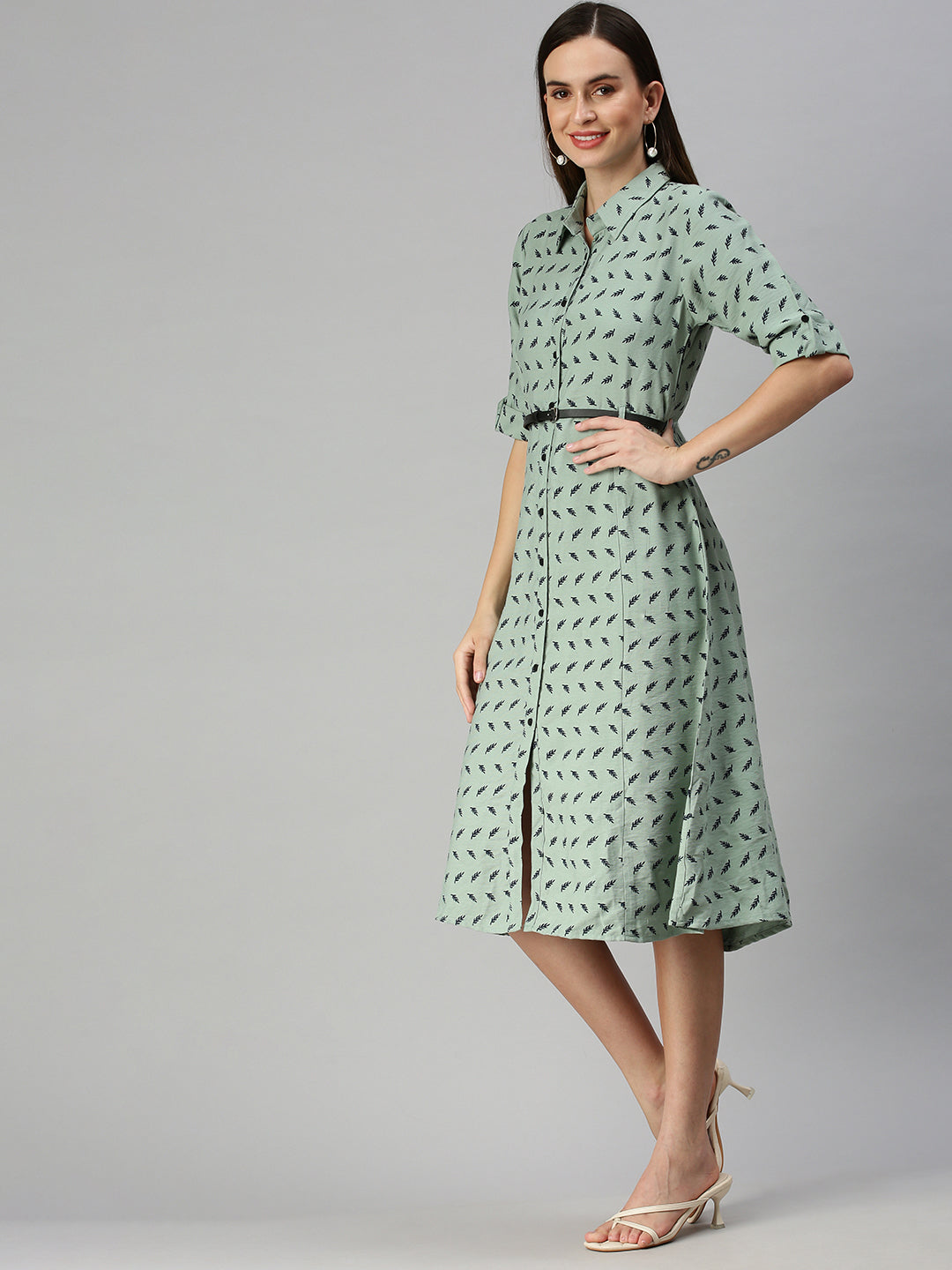 Women's Green Printed Shirt Dress