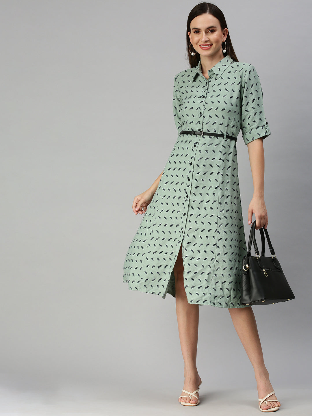 Women's Green Printed Shirt Dress