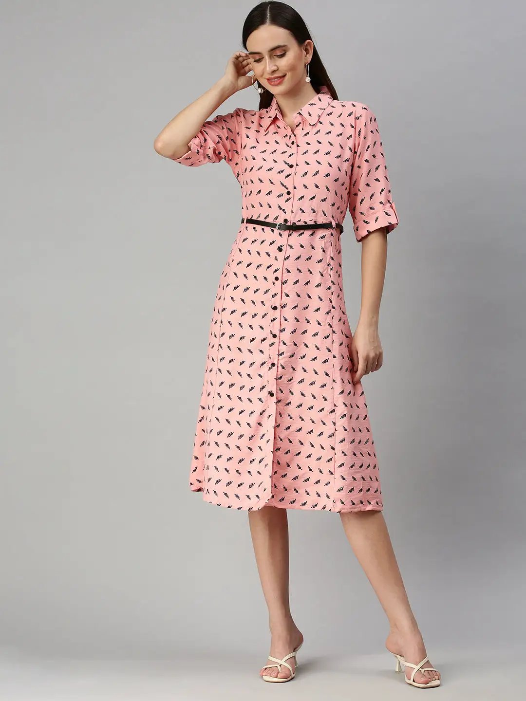 Women's Peach Printed Shirt Dress