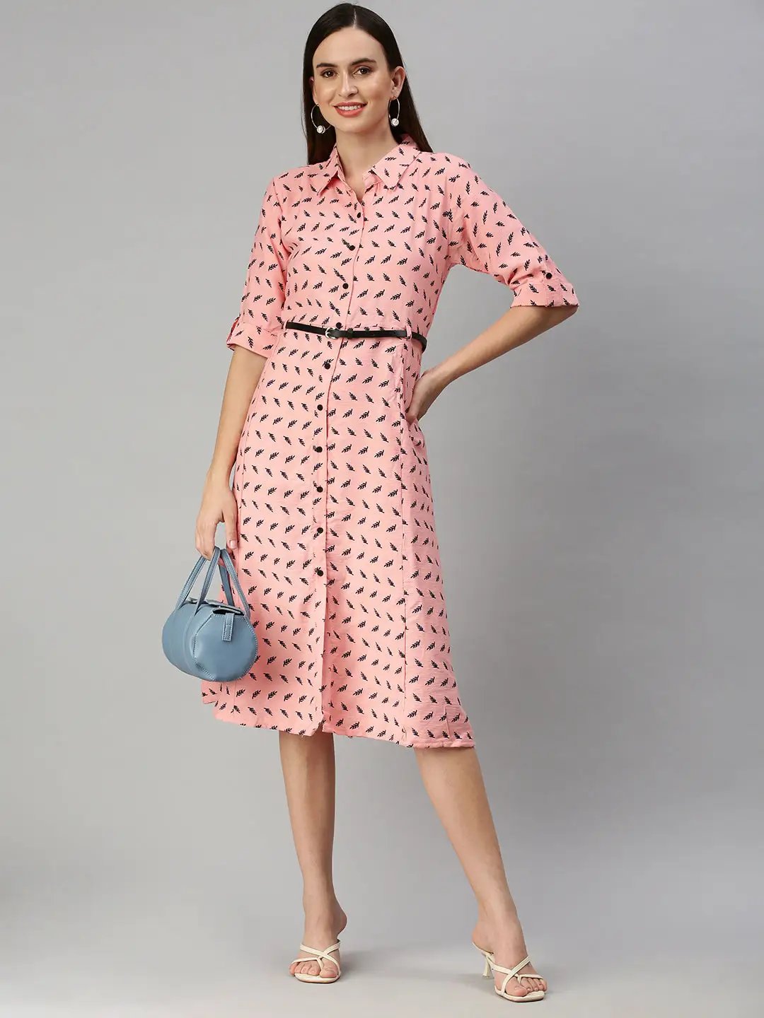 Women's Peach Printed Shirt Dress