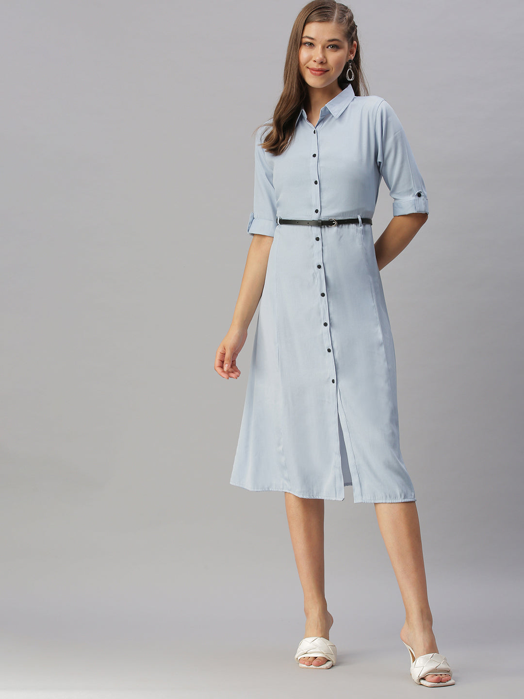 Women's Blue Solid Shirt Dress