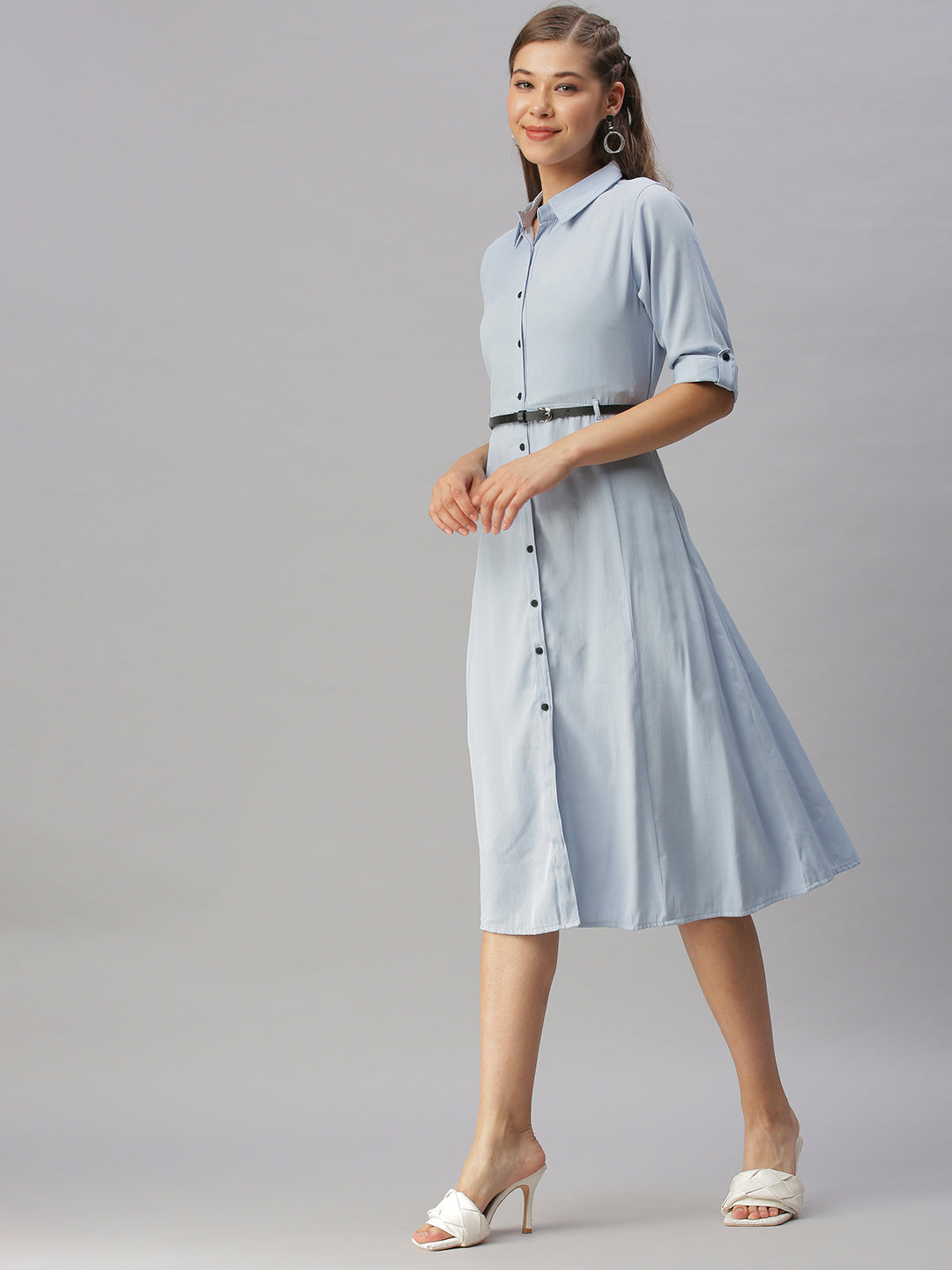 Women's Blue Solid Shirt Dress