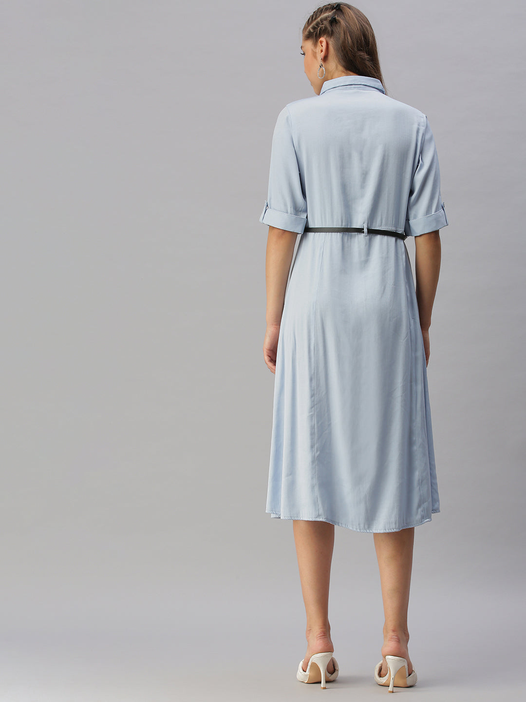 Women's Blue Solid Shirt Dress