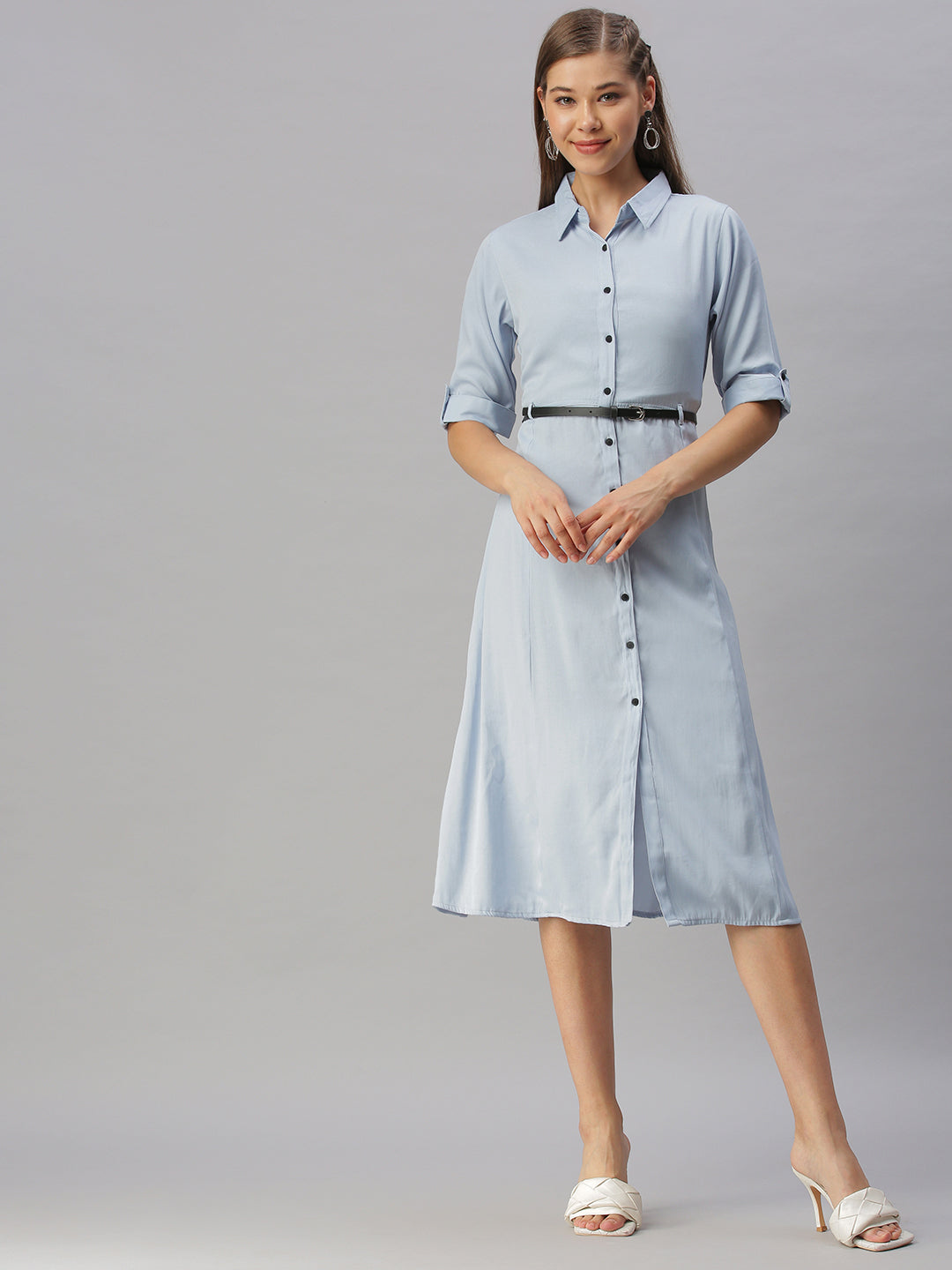 Women's Blue Solid Shirt Dress