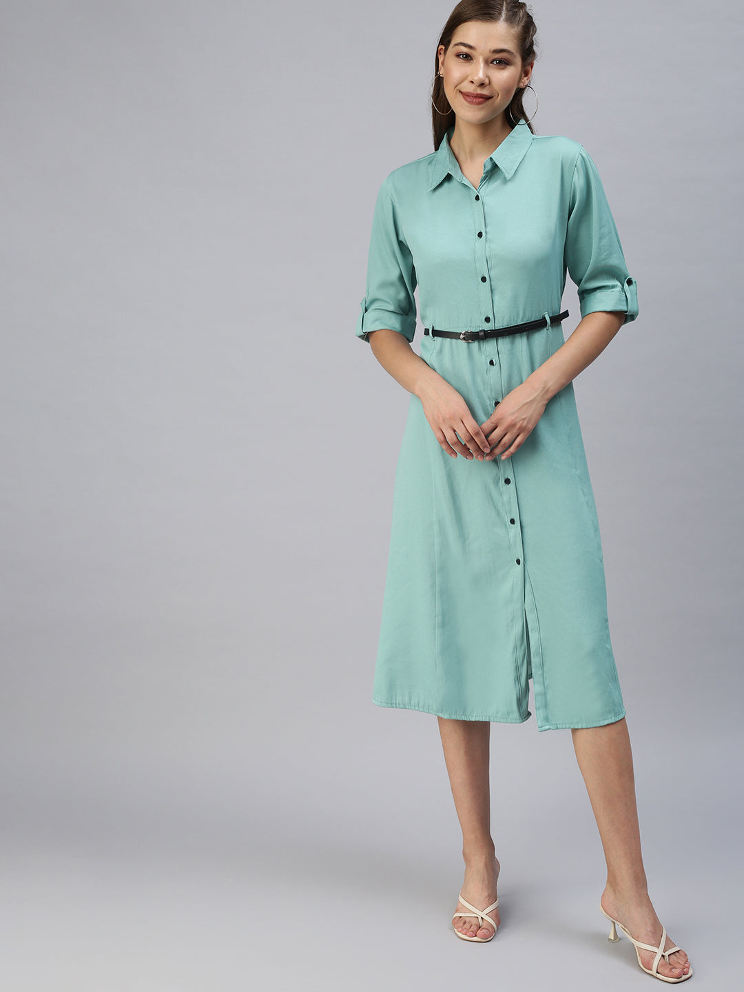 Women's Green Solid Shirt Dress