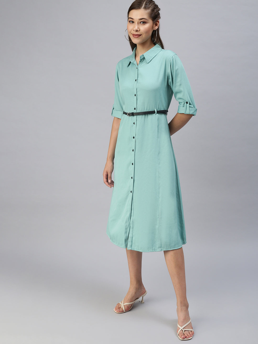 Women's Green Solid Shirt Dress