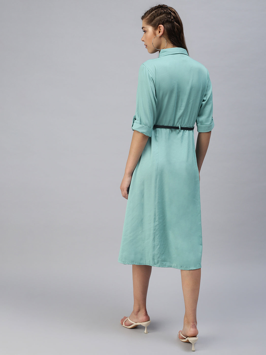 Women's Green Solid Shirt Dress