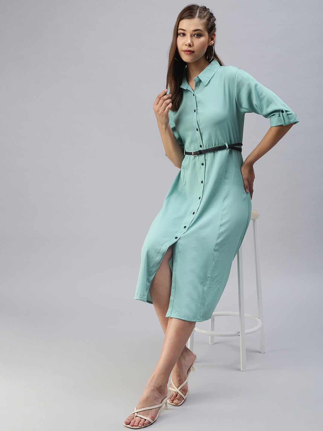 Women's Green Solid Shirt Dress