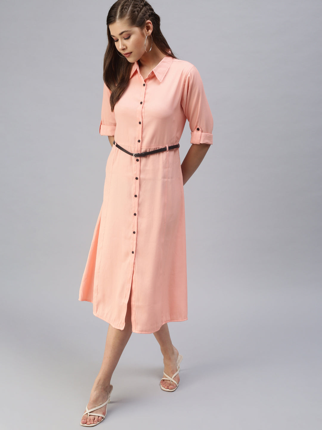 Women's Peach Solid Shirt Dress