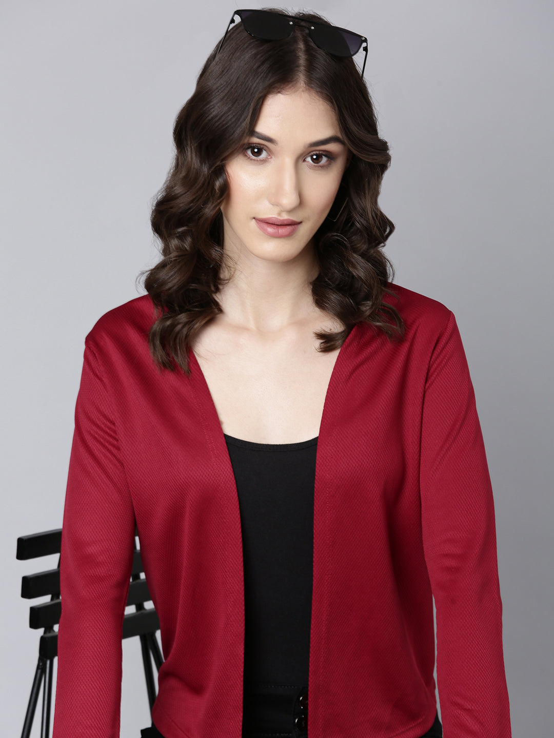 Women Maroon Solid Shrug