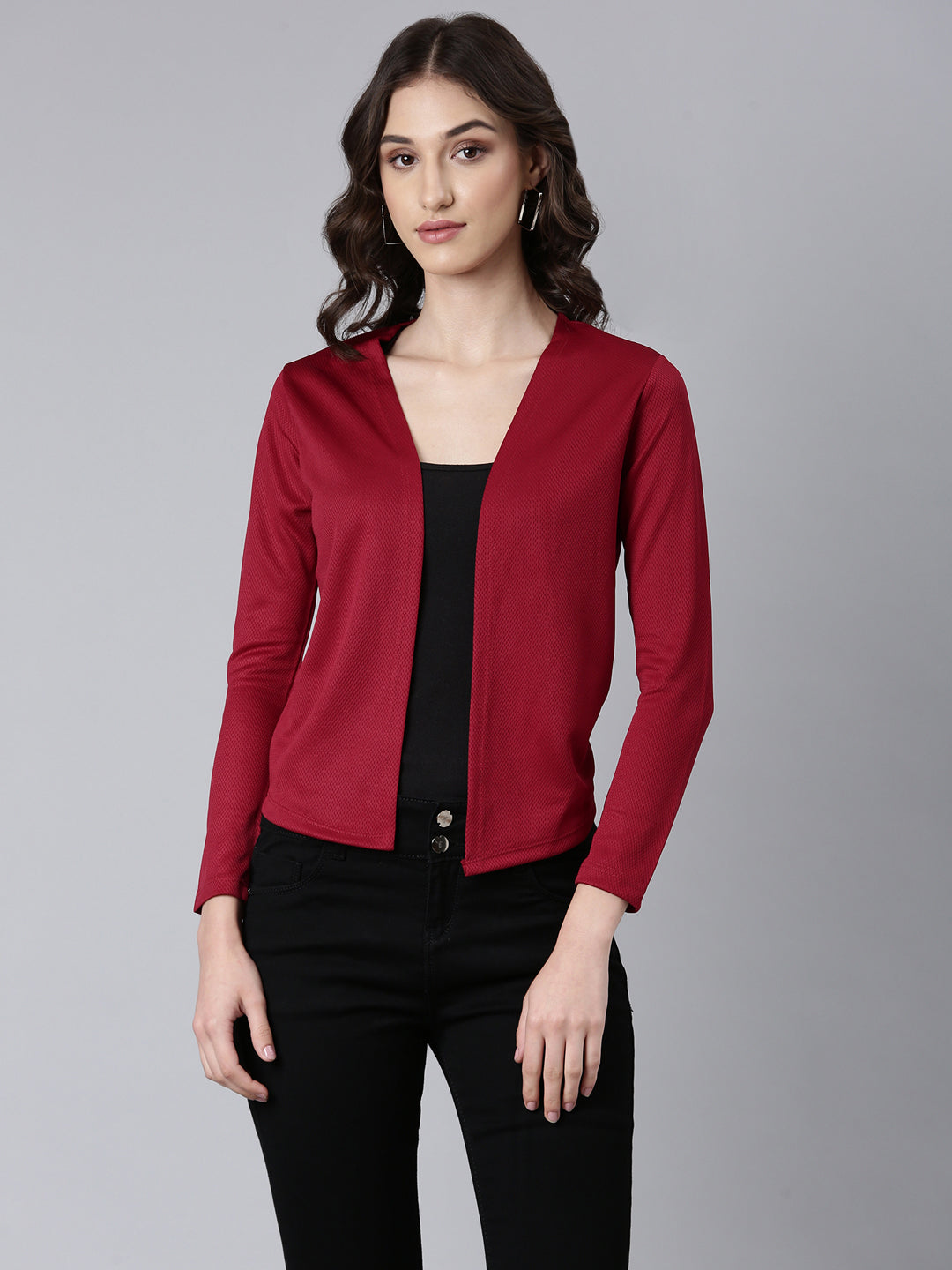 Women Maroon Solid Shrug