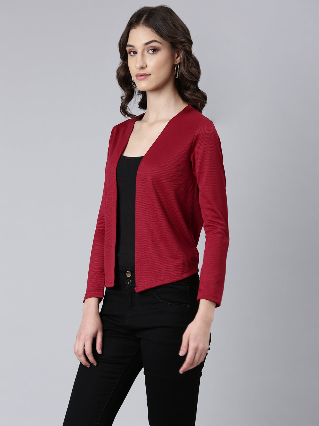 Women Maroon Solid Shrug