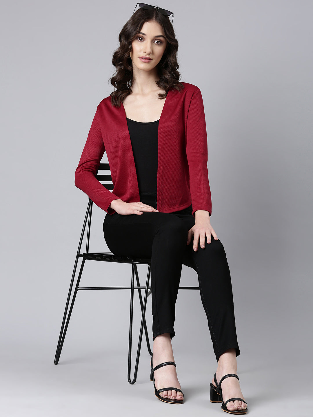 Women Maroon Solid Shrug