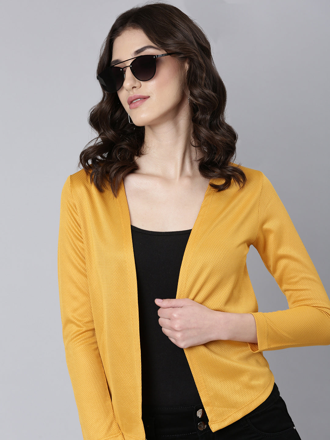 Women Mustard Solid Shrug