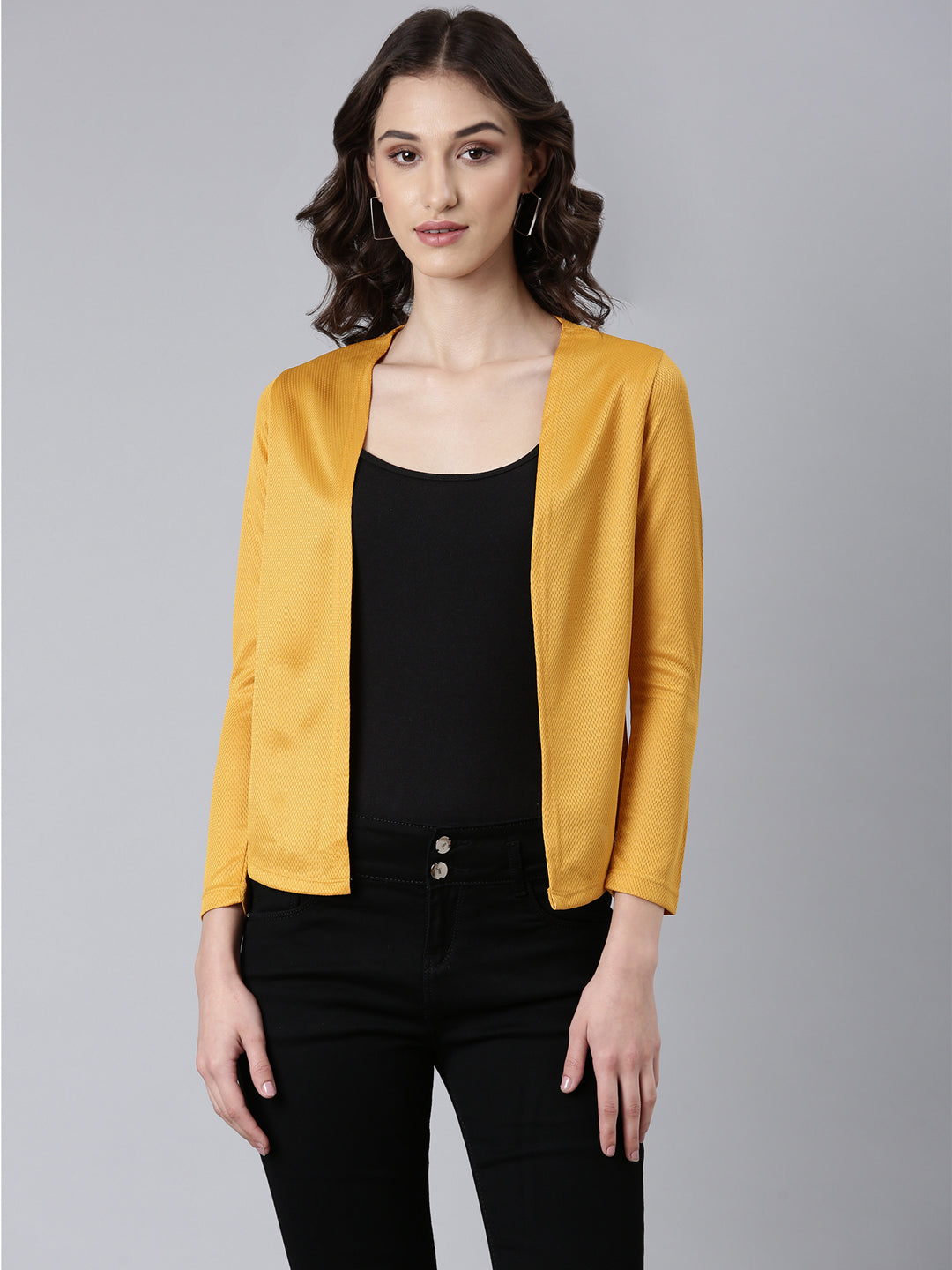 Women Mustard Solid Shrug