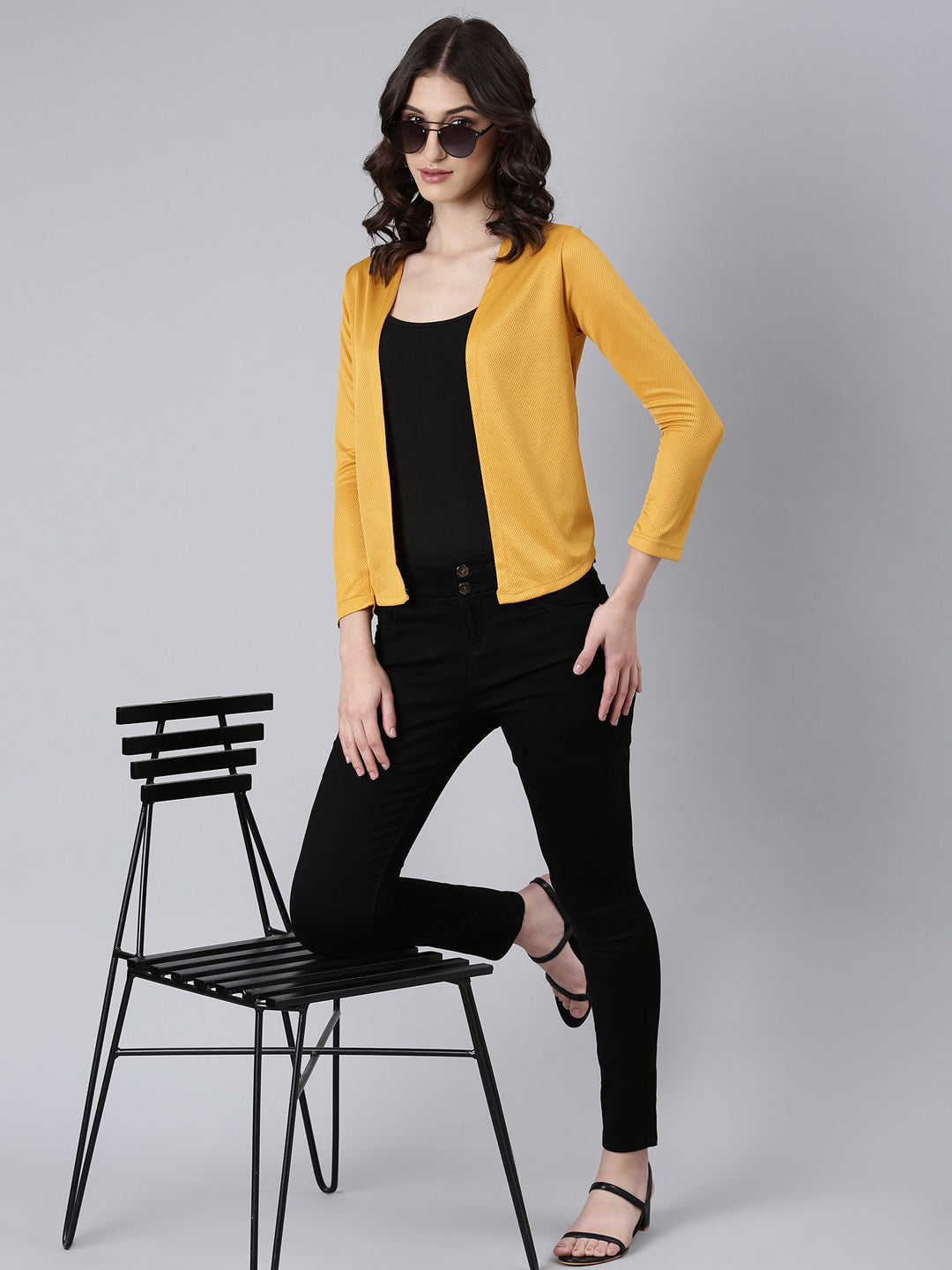 Women Mustard Solid Shrug