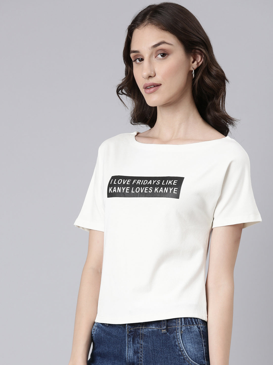 Women Off White Typographic Slim Fit Tshirt