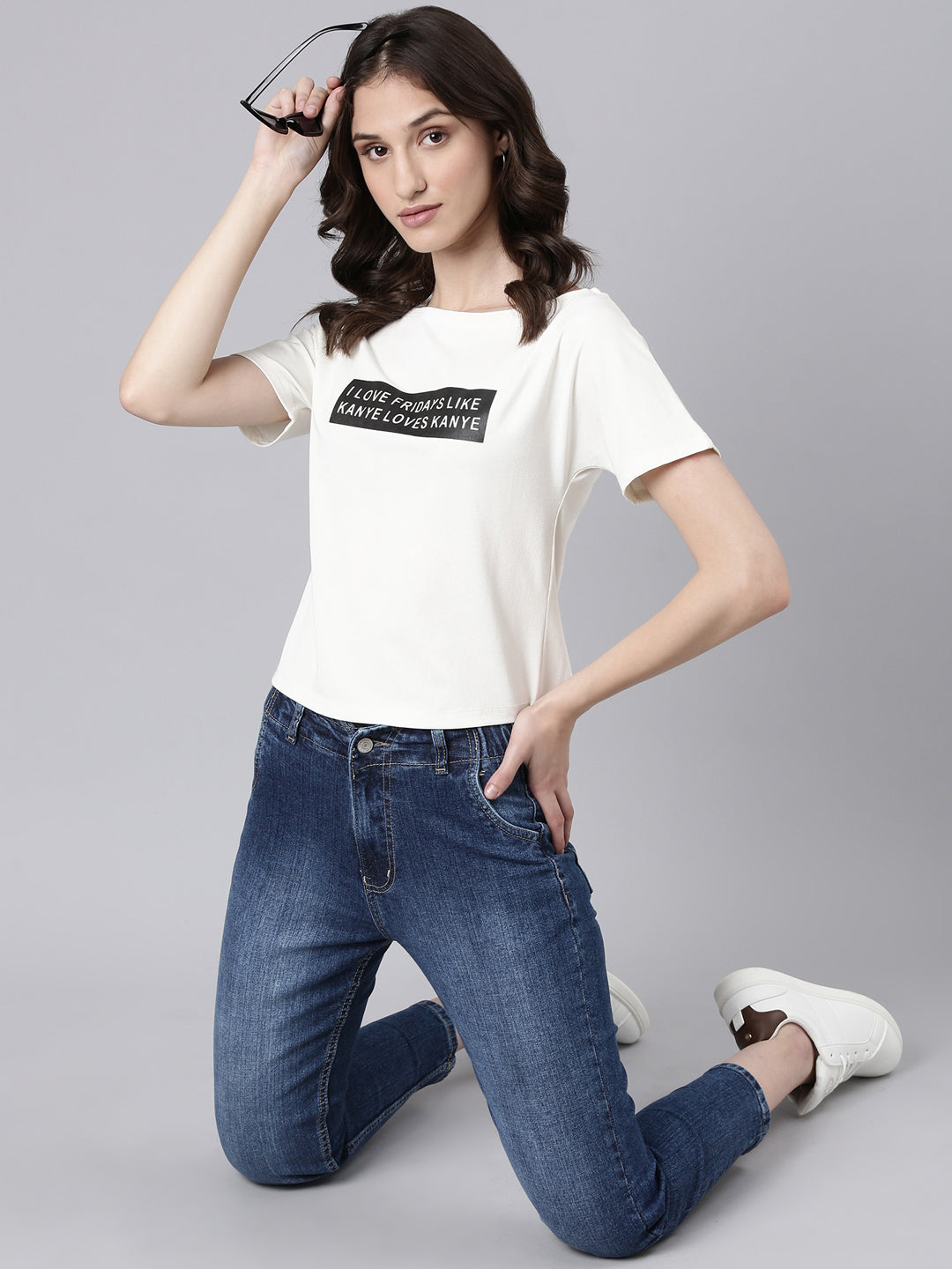 Women Off White Typographic Slim Fit Tshirt