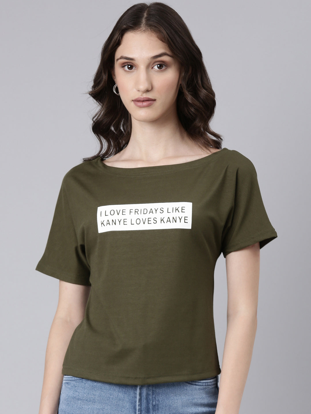 Women Olive Typographic Slim Fit Tshirt