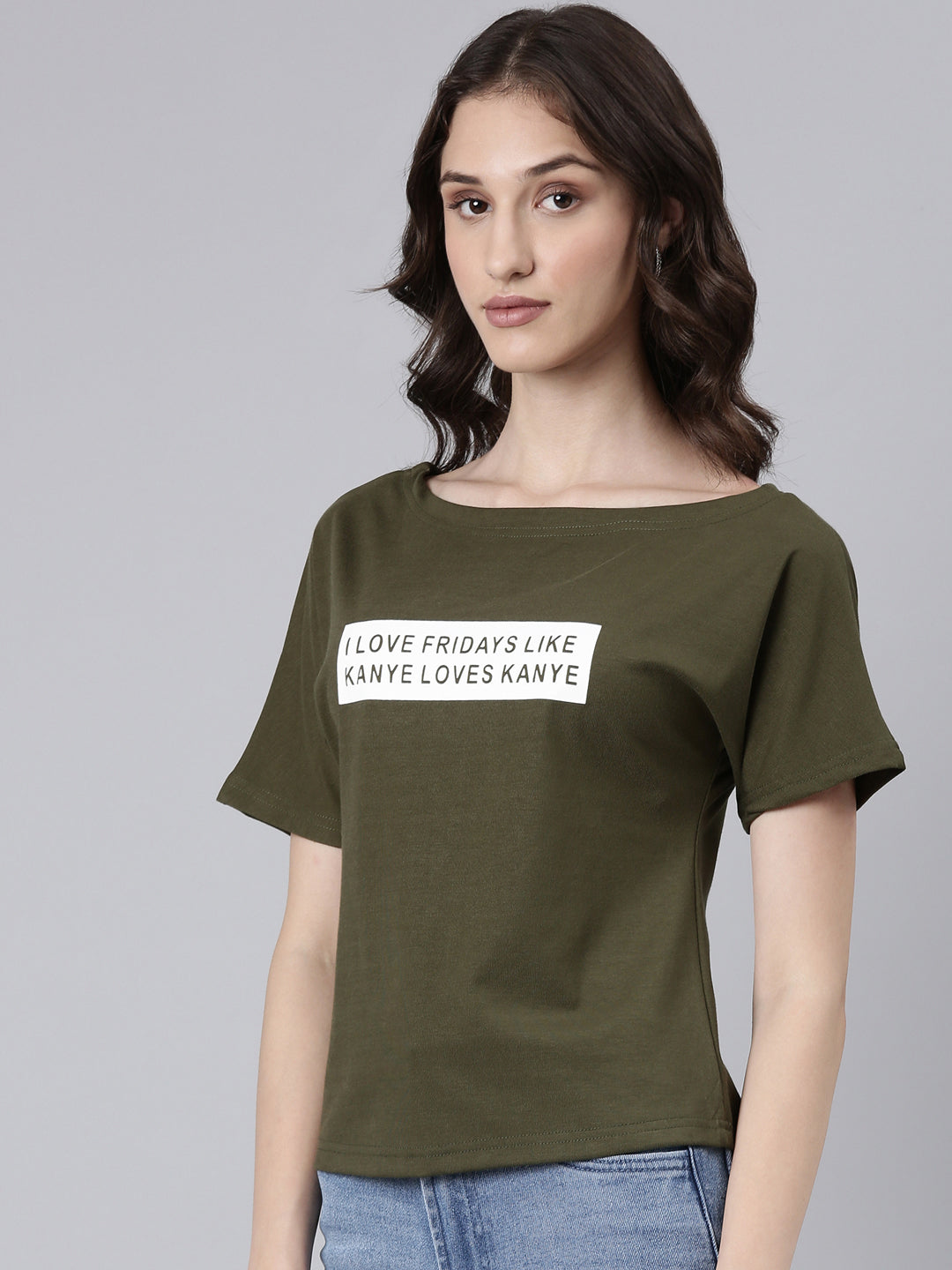 Women Olive Typographic Slim Fit Tshirt