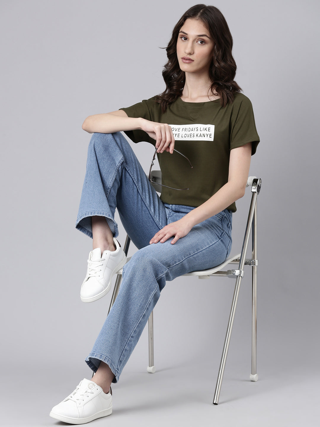 Women Olive Typographic Slim Fit Tshirt