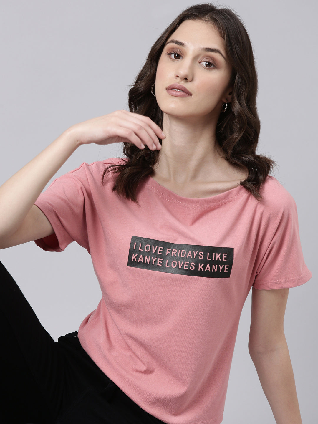 Women Peach Typographic Slim Fit Tshirt