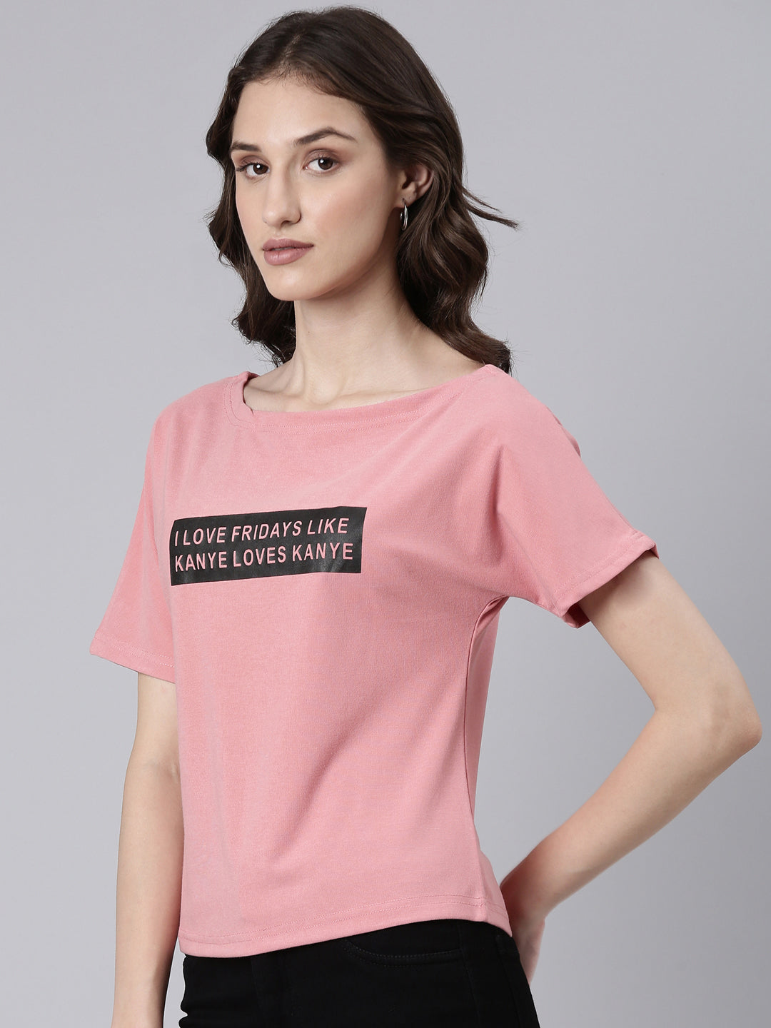 Women Peach Typographic Slim Fit Tshirt