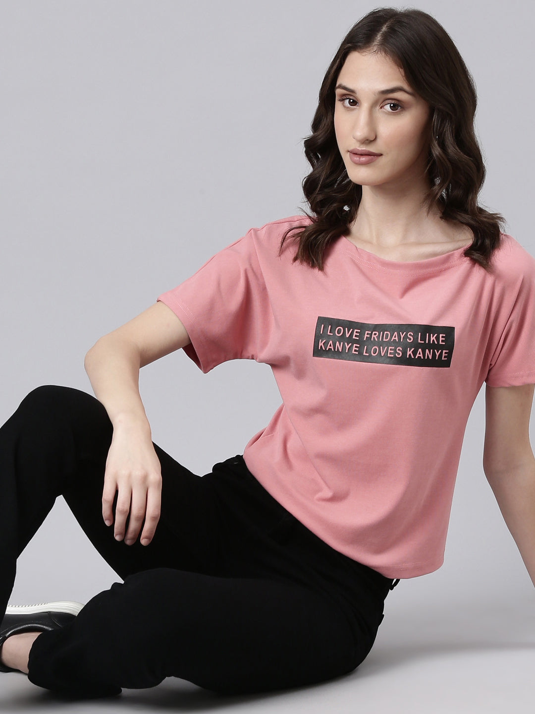 Women Peach Typographic Slim Fit Tshirt