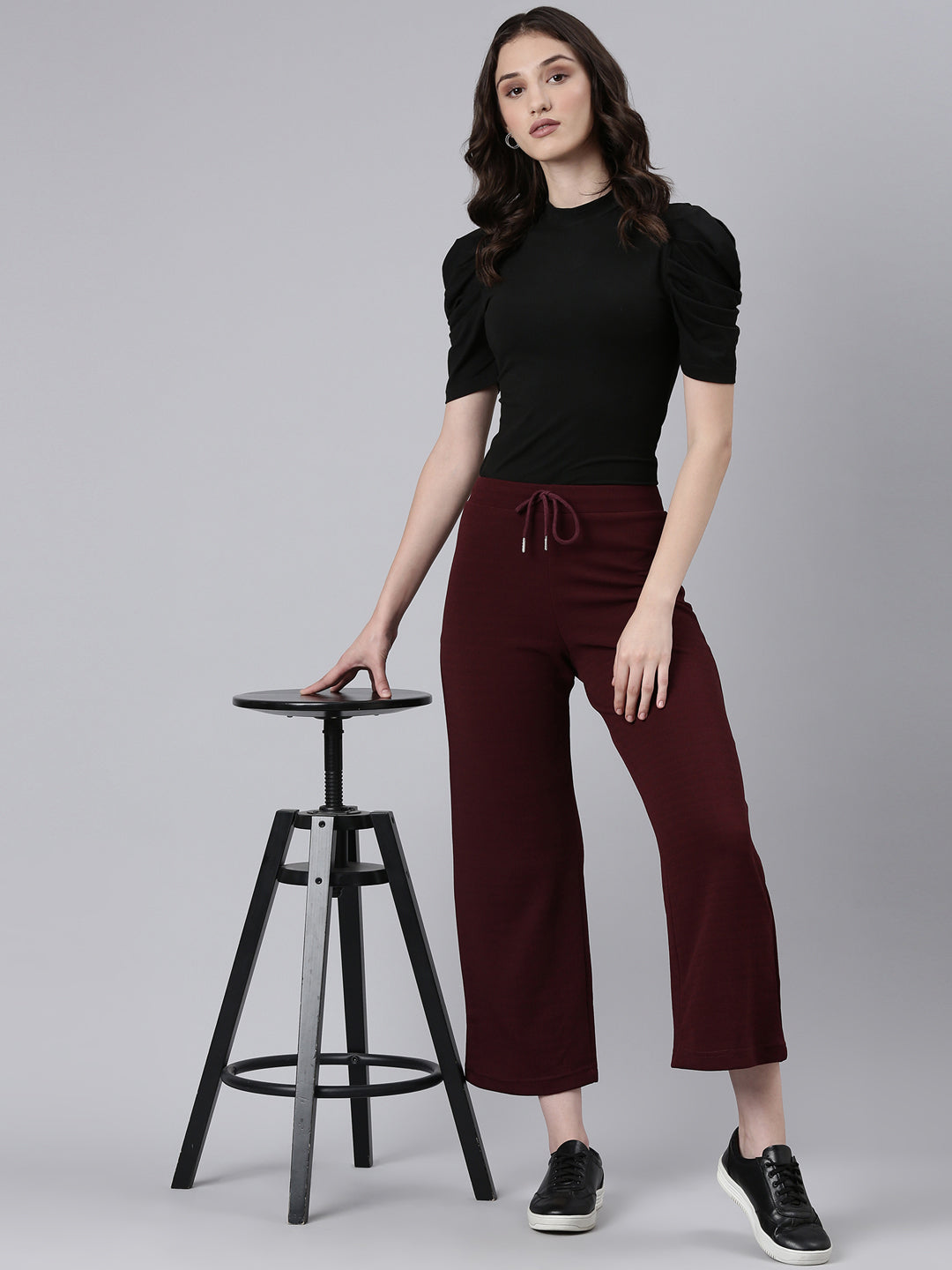 Women's Maroon Straight Fit Cropped Parallel Trousers