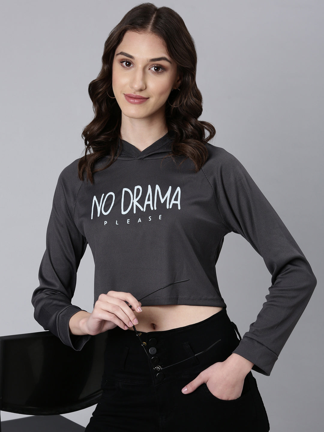 Women Grey Typographic Crop Boxy Tshirt