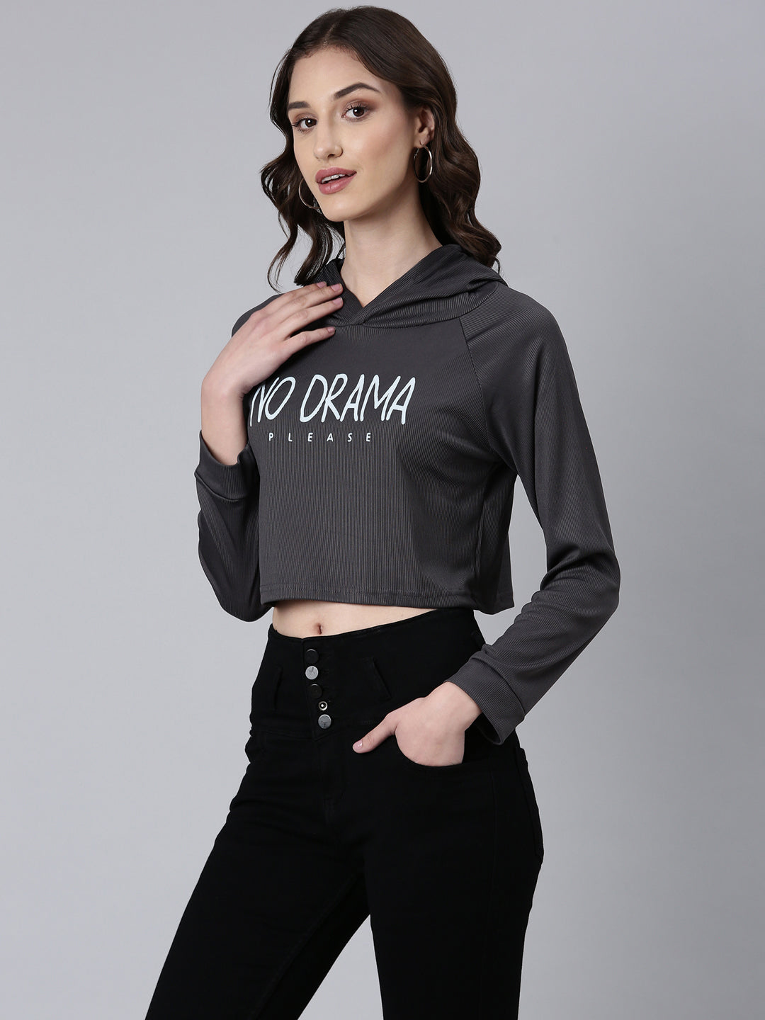 Women Grey Typographic Crop Boxy Tshirt