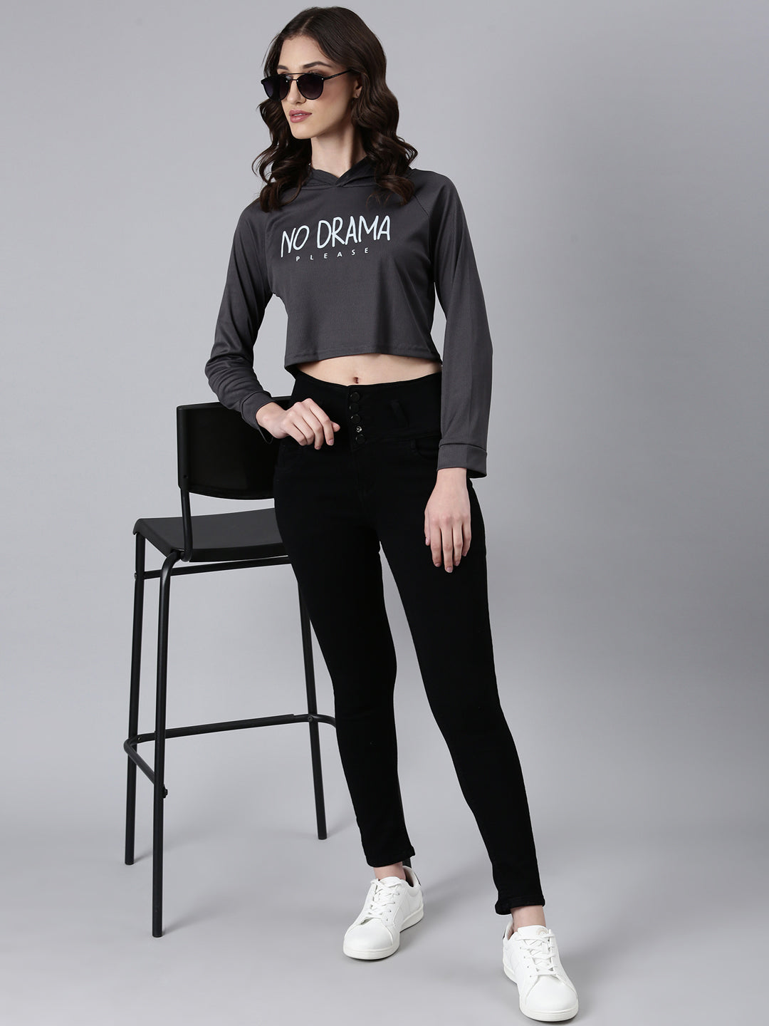 Women Grey Typographic Crop Boxy Tshirt