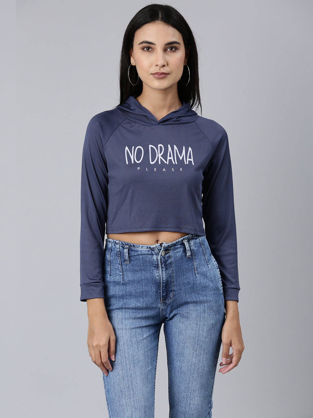 Women Navy Blue Typographic Crop Boxy Tshirt